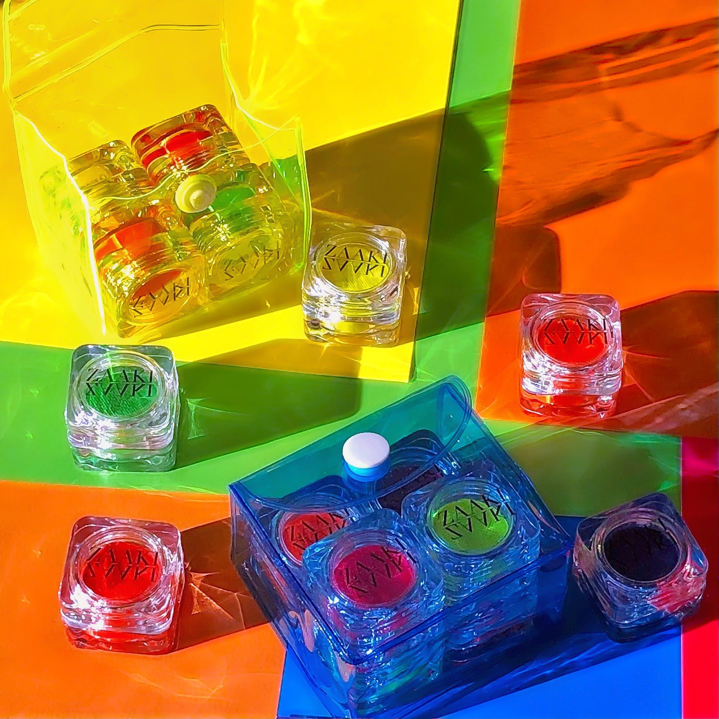 Zaaki Zaaki neon water activated eyeliner range In a bag, top view 